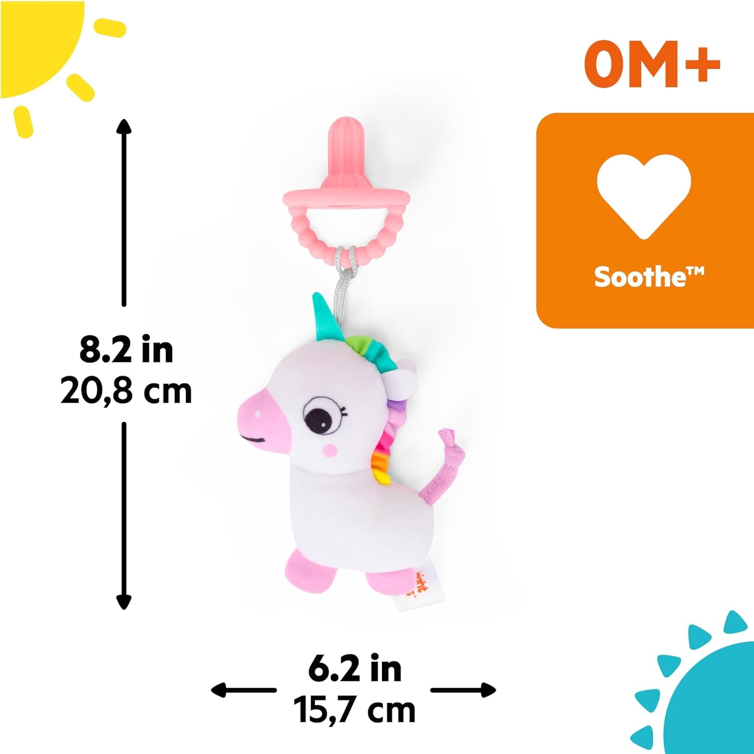 Suzetă de pluș Bright Starts SootheMate, Unicorn - Suzetă detașabilă în formă de suzetă pentru nou-născuți și copii mai mari