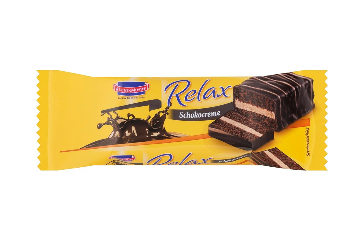 KuchenMeister Relax Cocoa Cake Bar 32g | Pandișpan cu gust de ciocolată | Umplutură delicată cu cremă de cacao | Ciocolată neagră crocantă | Gustare perfectă între mese | 1 x baton 32g