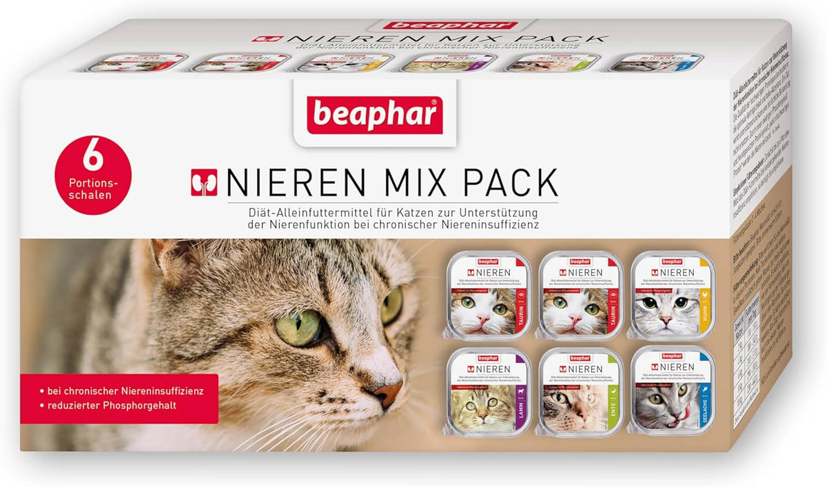 BEAPHAR – Pachet Mixt Dietă Renală – Hrană completă pentru pisici cu insuficiență renală cronică – Pentru susținerea funcției renale – 6 x 100 g