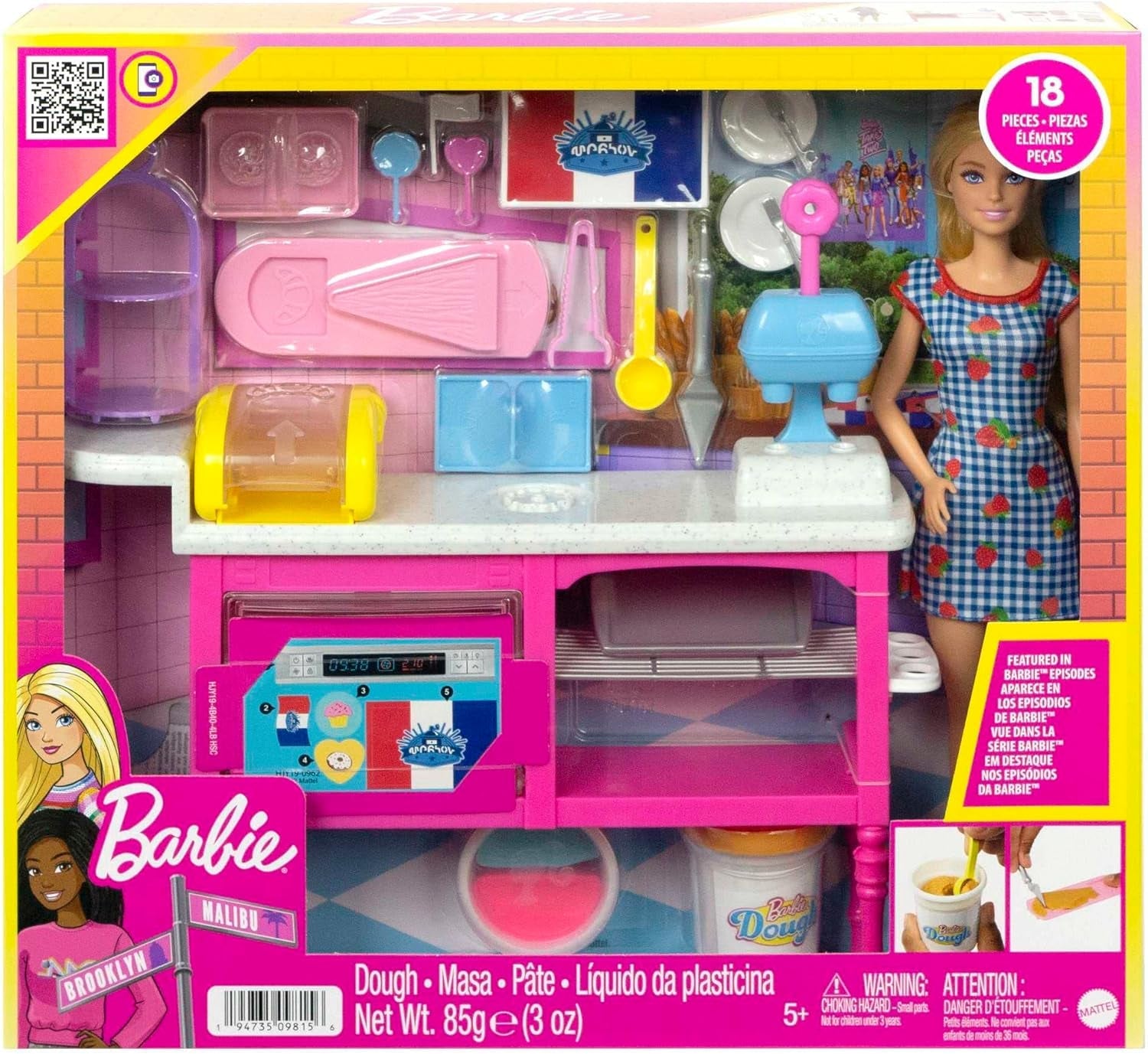 Barbie Malibu Roberts - Puppe und Spielset mit 18 Teilen zum Backen, inklusive formbarem Teig und Förmchen für Donuts, Croissants und Cupcakes, für Kinder ab 3 Jahren, HJY19