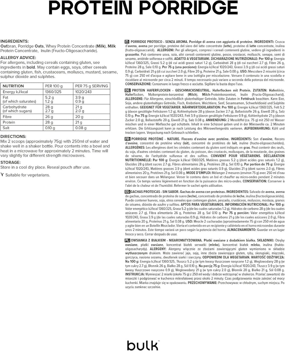 Fulgi de ovăz proteici completi, vrac, fulgi de ovăz cu conținut ridicat de proteine, zer, conținut ridicat de fibre, terci proteic, fără aromă, 1 kg