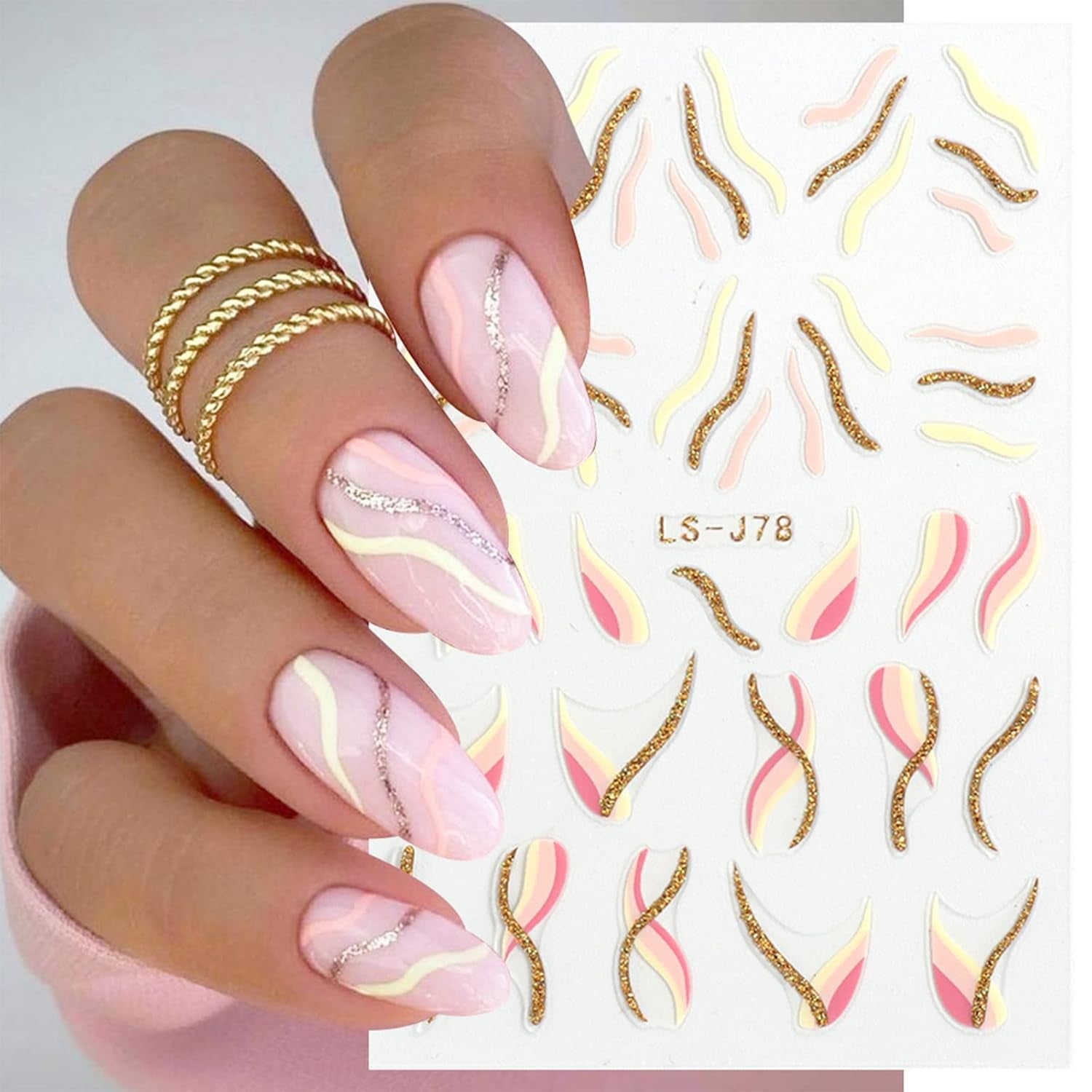 JMEOWIO Nagelsticker Französischer Tipp 9 Blatt Nail Art Sticker Selbstklebend Nagelaufkleber Glitzer Wellenlinie Dekoration Nageldesign Zubehör