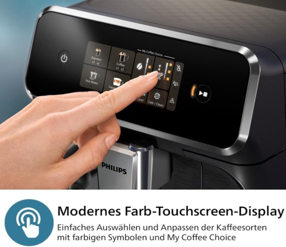Espressor automat PHILIPS seria 2300 - 4 băuturi, ecran tactil color modern, sistem de preparare a laptelui LatteGo, SilentBrew, râșniță 100% ceramică, filtru AquaClean. Negru mat (EP2330/10)