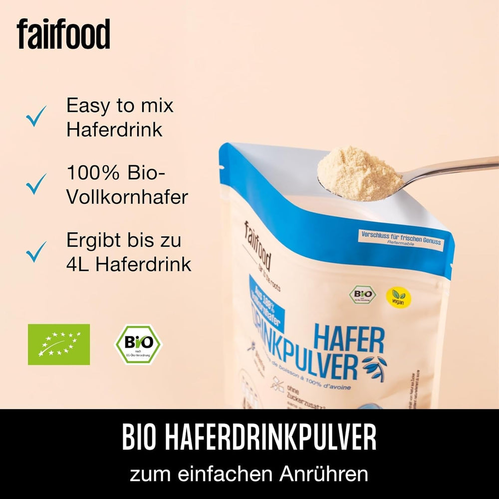 fairfood Bio Haferdrink Pulver 360g - nachhaltige Milchalternative - vegan, glutenfrei & ohne Öl - bis zu 4L Haferdrink - zum Selbermischen - 100% Bio-Vollkornhafer