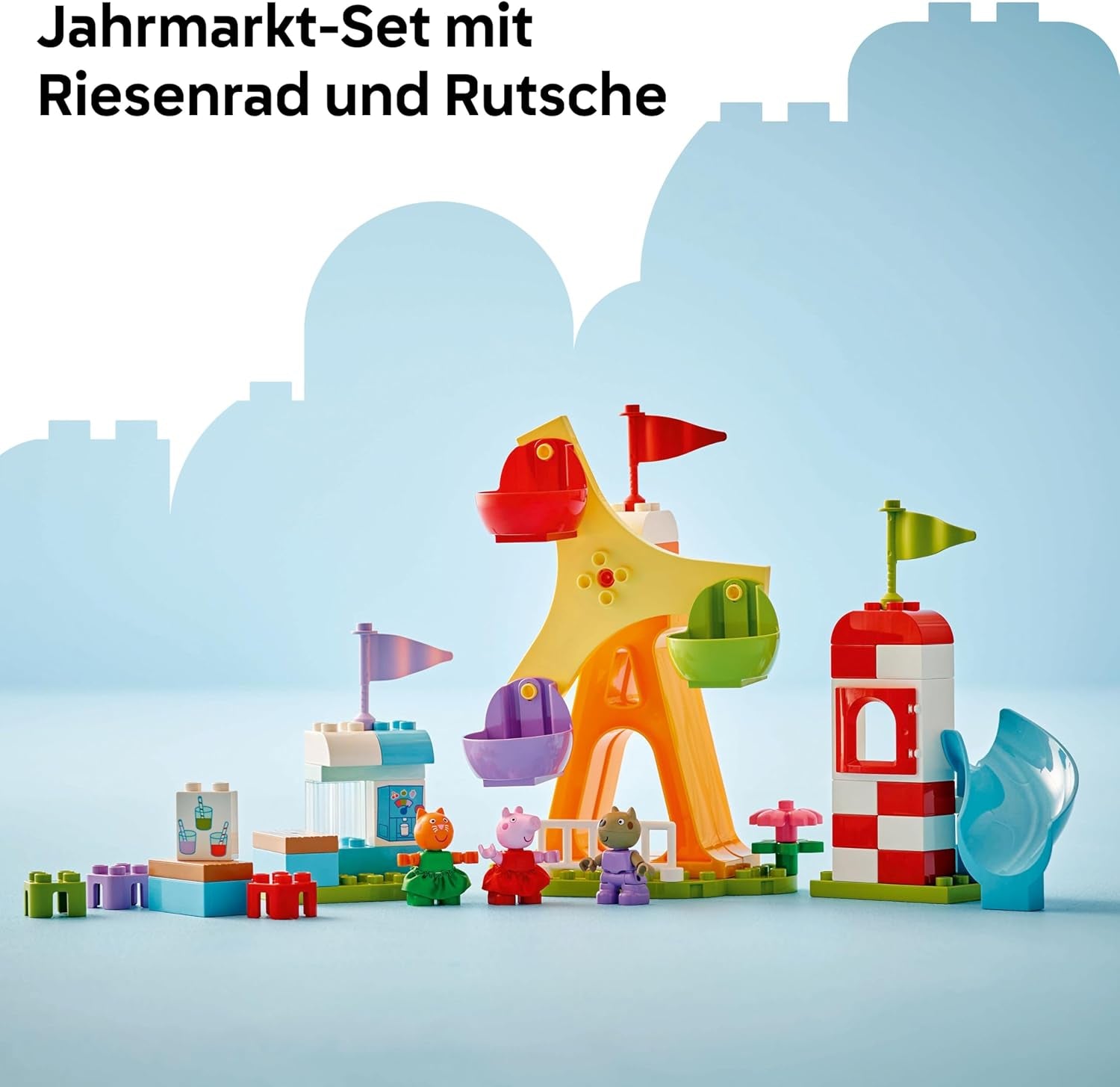 LEGO DUPLO Peppa Wutz Jahrmarkt - Montessori Spielzeug - Motorikspielzeug für Kinder ab 2 Jahren - Vorschule Spiele mit Riesenrad, Rutsche & 3 Figuren inkl. Mollie Mieze & Klausi Kläff 10453
