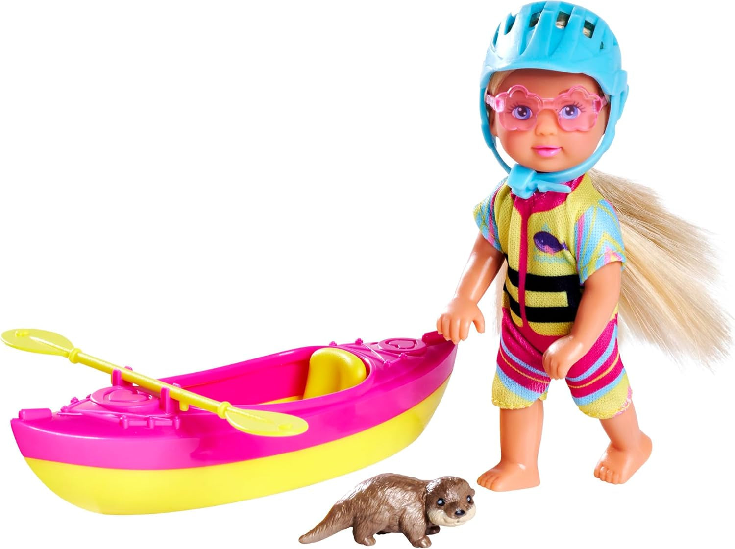 Simba Evi Love Kayak, Spielpuppe Macht eine Kajaktour, mit passender Bekleidung, Helm, Paddel, Sonnenbrille und Otter, 12cm, ab 3 Jahren