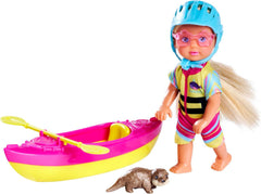 Simba Evi Love Kayak, Spielpuppe Macht eine Kajaktour, mit passender Bekleidung, Helm, Paddel, Sonnenbrille und Otter, 12cm, ab 3 Jahren