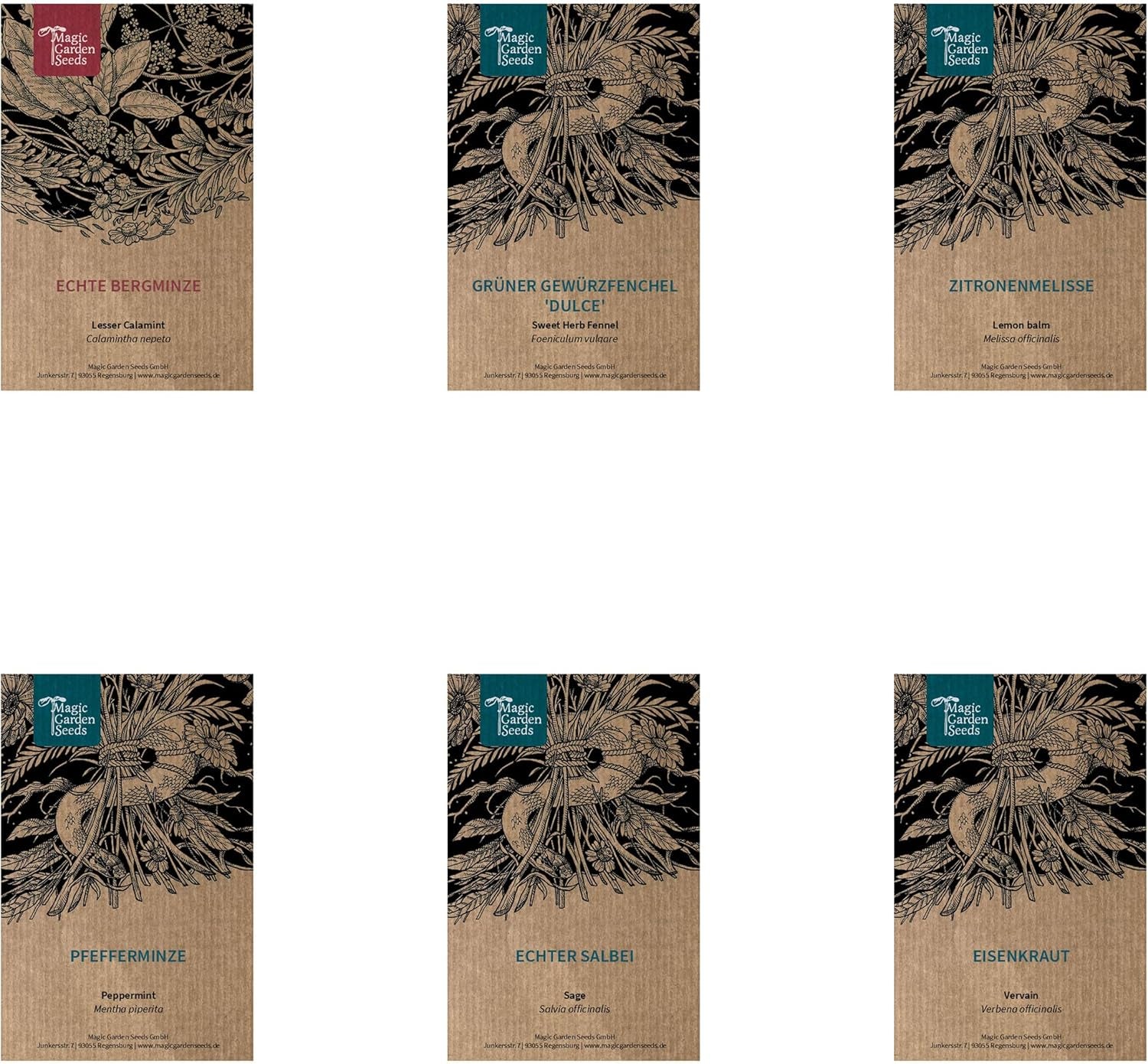 Magic Garden Seeds - Selbstgemachter Kräutertee - Samen Geschenk Set Mit 6 Wohltuenden Kräutersorten - Anzuchtset Mit Pfefferminze, Zitronenmelisse, Salbei, Bergminze, Eisenkraut Und Gewürzfenchel