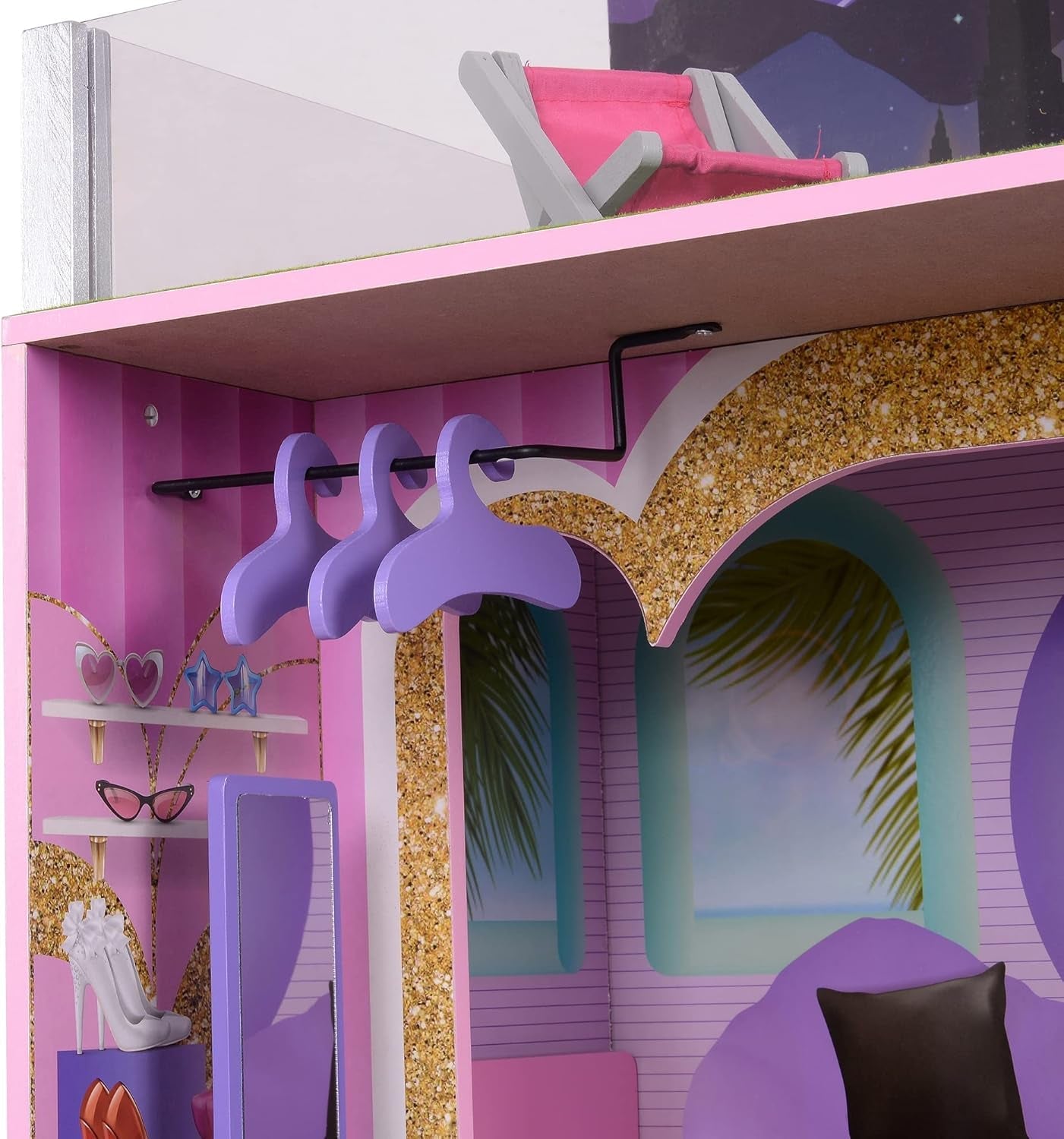 Olivia's Little World Big Dreamland Sunset Contemporary, Casă de păpuși interactivă din lemn pentru copii, 3 etaje, cu 16 accesorii pentru mobilier de păpuși, multicoloră, TD-13616A