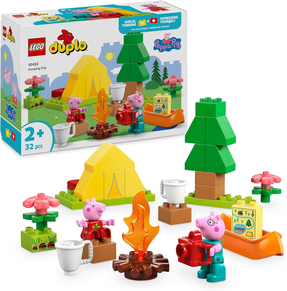DUPLO Peppa Pig Campingausflug mit Papa Wutz – Montessori Spielzeug für Mädchen & Jungen ab 2 Jahren – inkl. Zelt, Kanu, Lagerfeuer und 2 Figuren – Fördert Motorik & Farberkennung – Geschenk - 10452