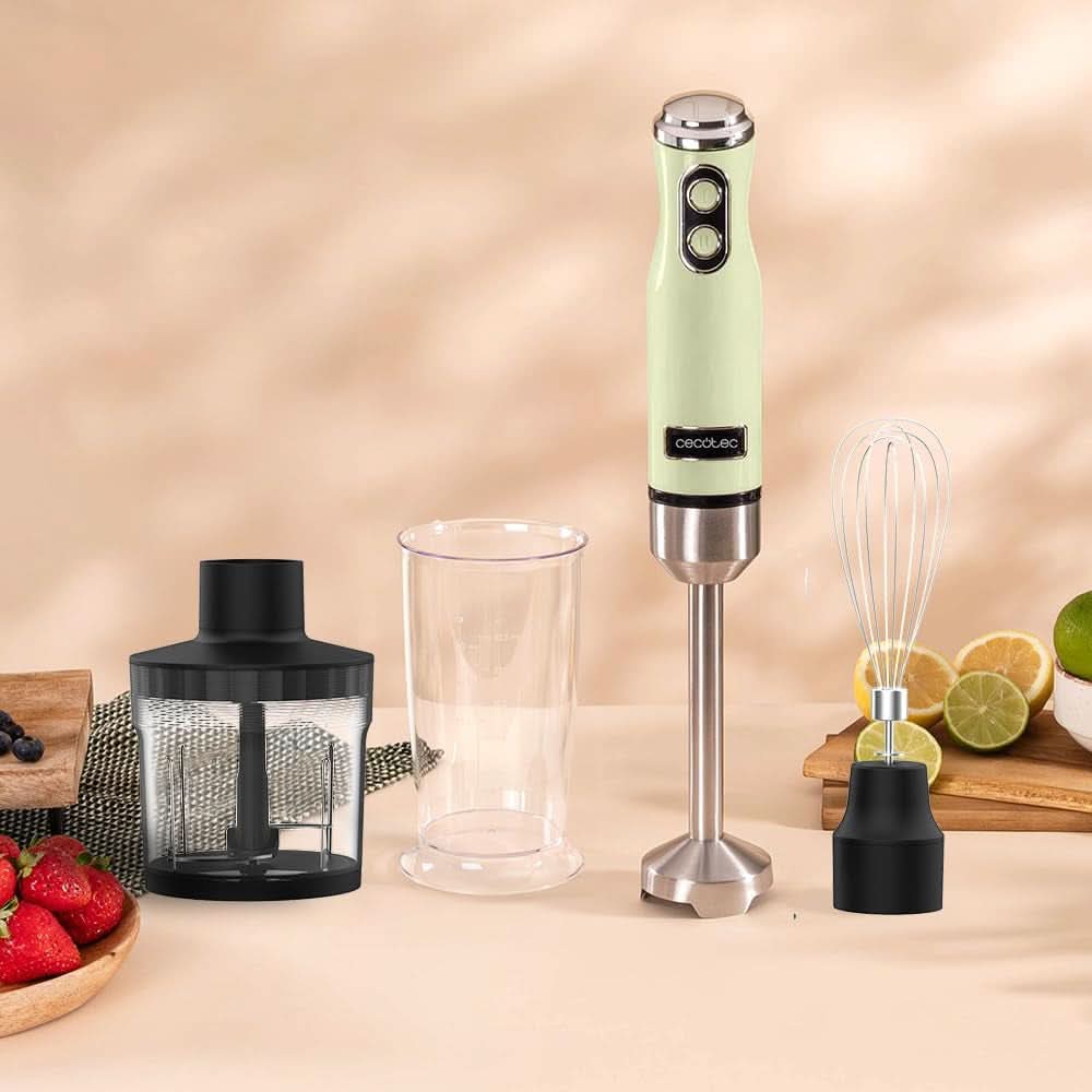 Cecotec Stabmixer Power Retrogreen 1200MAX Cream&Crush, Maximalleistung 1200 W, Crossblades-Technologie, 2 Geschwindigkeiten, Zubehörset Spülmaschinenfest, Spritzschutzhaube Bucatarie Naty Shop
