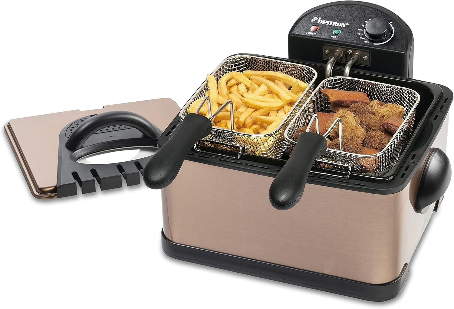 Friteuză cu ulei Bestron XL Cu 3 coșuri de prăjire, Inclusiv tehnologie cu zonă rece și recipient de ulei detașabil, 4 litri, 2000 W Electrocasnice Naty Shop Cupru