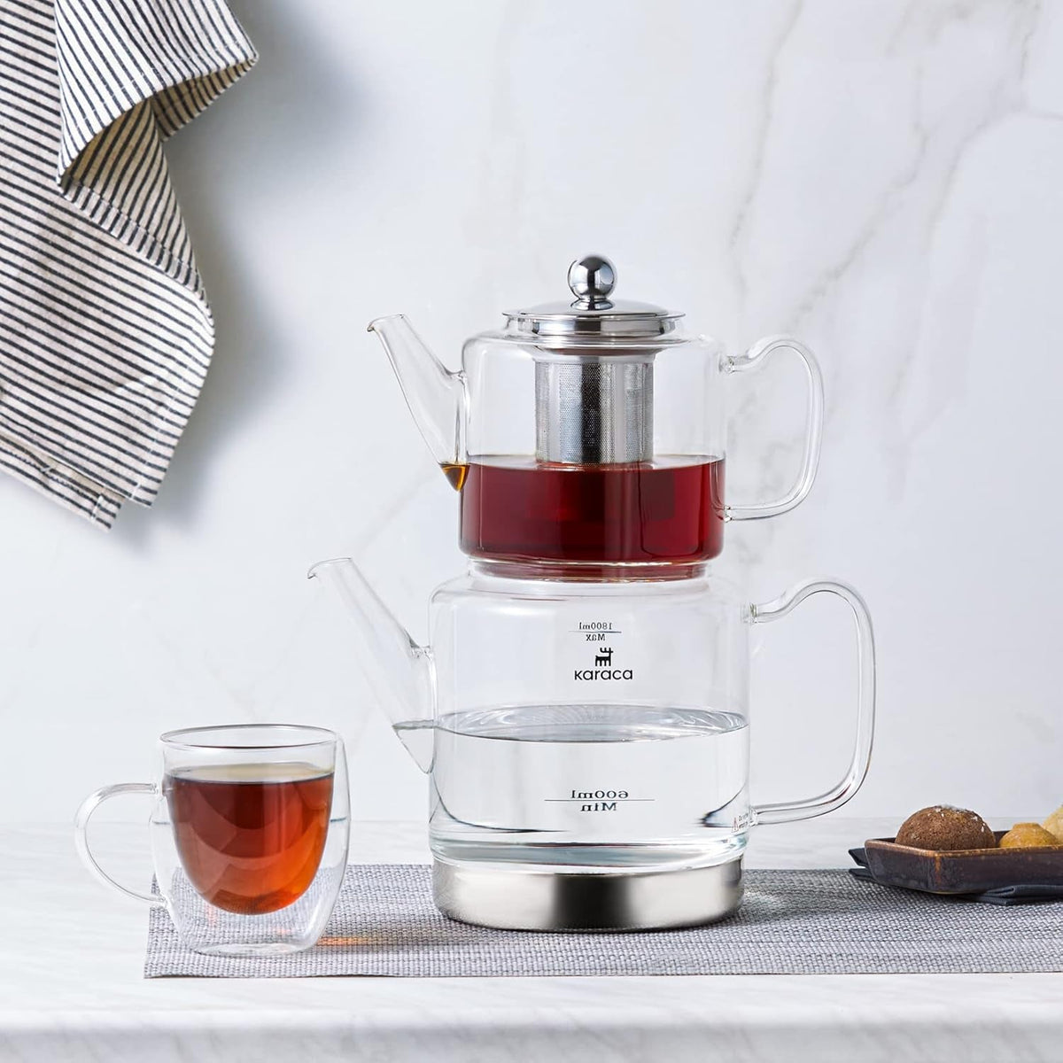 Set de ceainic din sticlă borosilicată Karaca Dora cu infuzor de ceai din oțel inoxidabil, fierbător de 2L și ceainic din sticlă de 1L cu infuzor, ceainic turcesc, Caydanlik, aparat de ceai turcesc pentru ceai din plante, ceai vrac, XL
