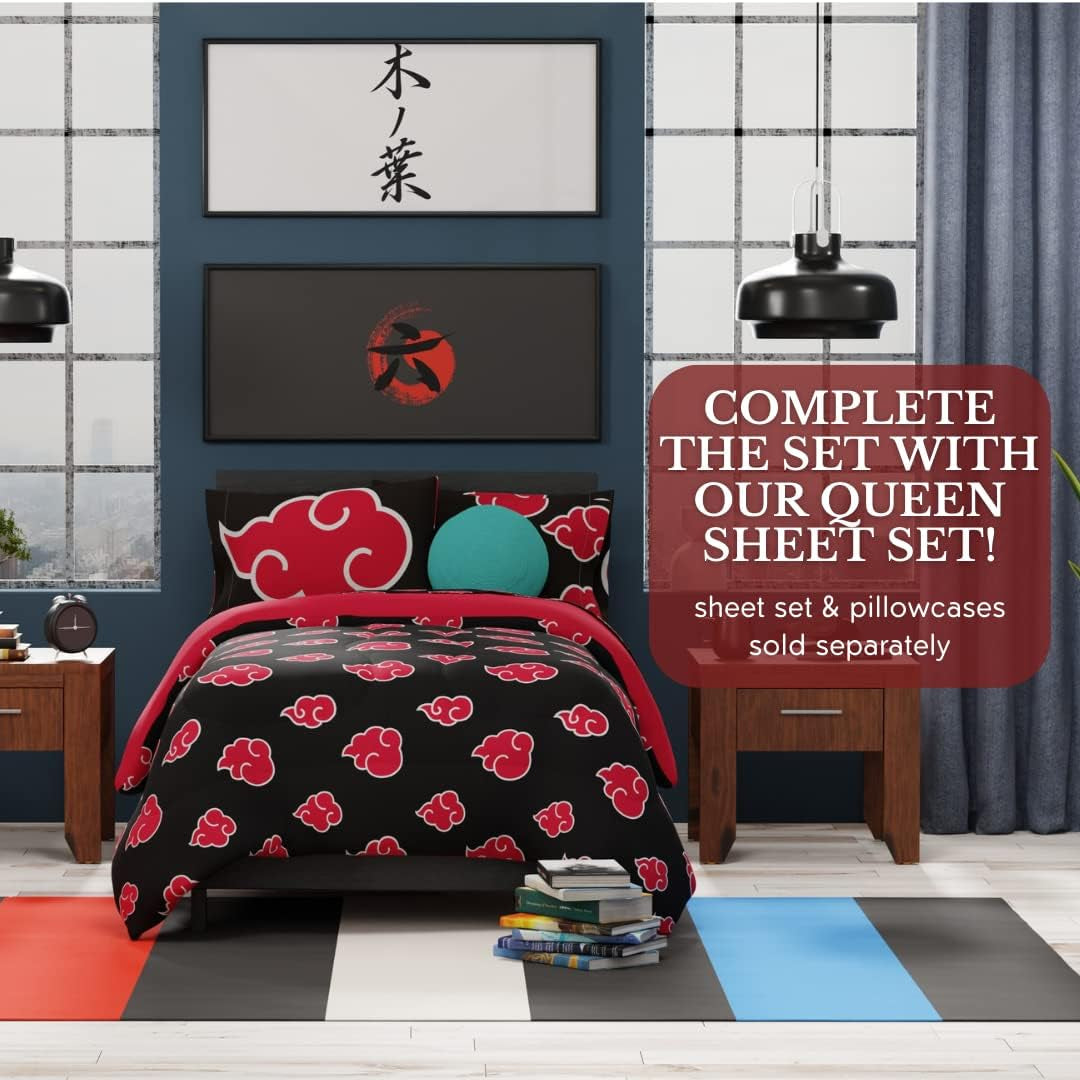Franco Naruto Anime Akatsuki Pattern Lenjerie de pat moale microfibră Plapumă Queen, (produs oficial Naruto) Plapumi si pilote Naty Shop