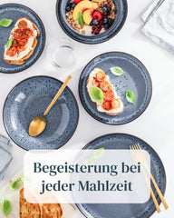Set de veselă din gresie ceramică, format din 18 piese, pentru 6 persoane, design Ibiza, CÂȘTIGĂTOR AL TESTULUI. Un set de veselă mediteranean superb, din gresie ceramică, inclusiv boluri și farfurii. Set de veselă Pure Living în albastru fumuriu.