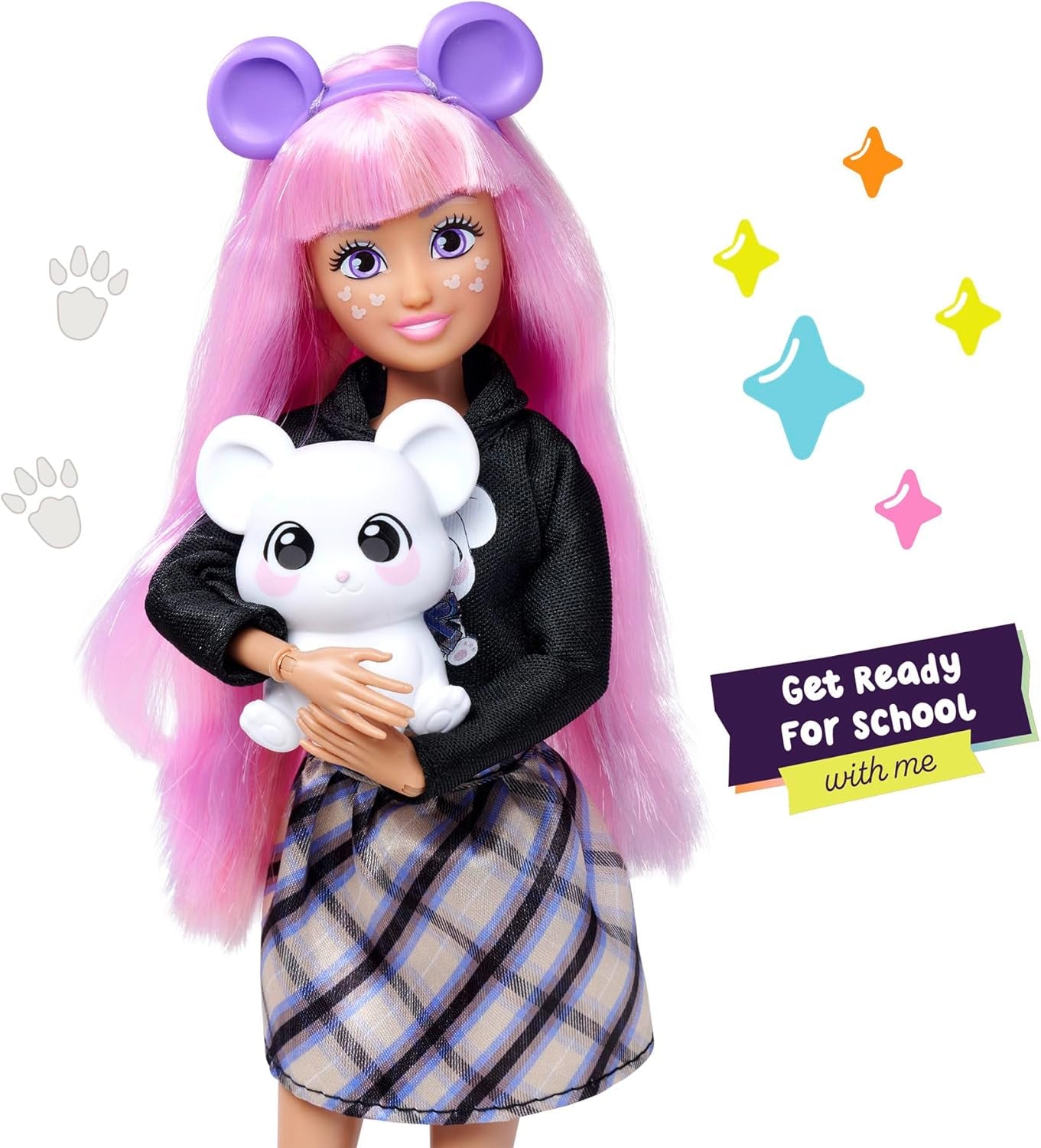 Simba 105953976 - Kawaii Hi Ankleidepuppe Cora (26 cm) - bewegliche Modepuppe zum Frisieren und Stylen, Puppe mit Langen Haaren, Maus und Zubehör, Spielzeug für Kinder ab 4 Jahre
