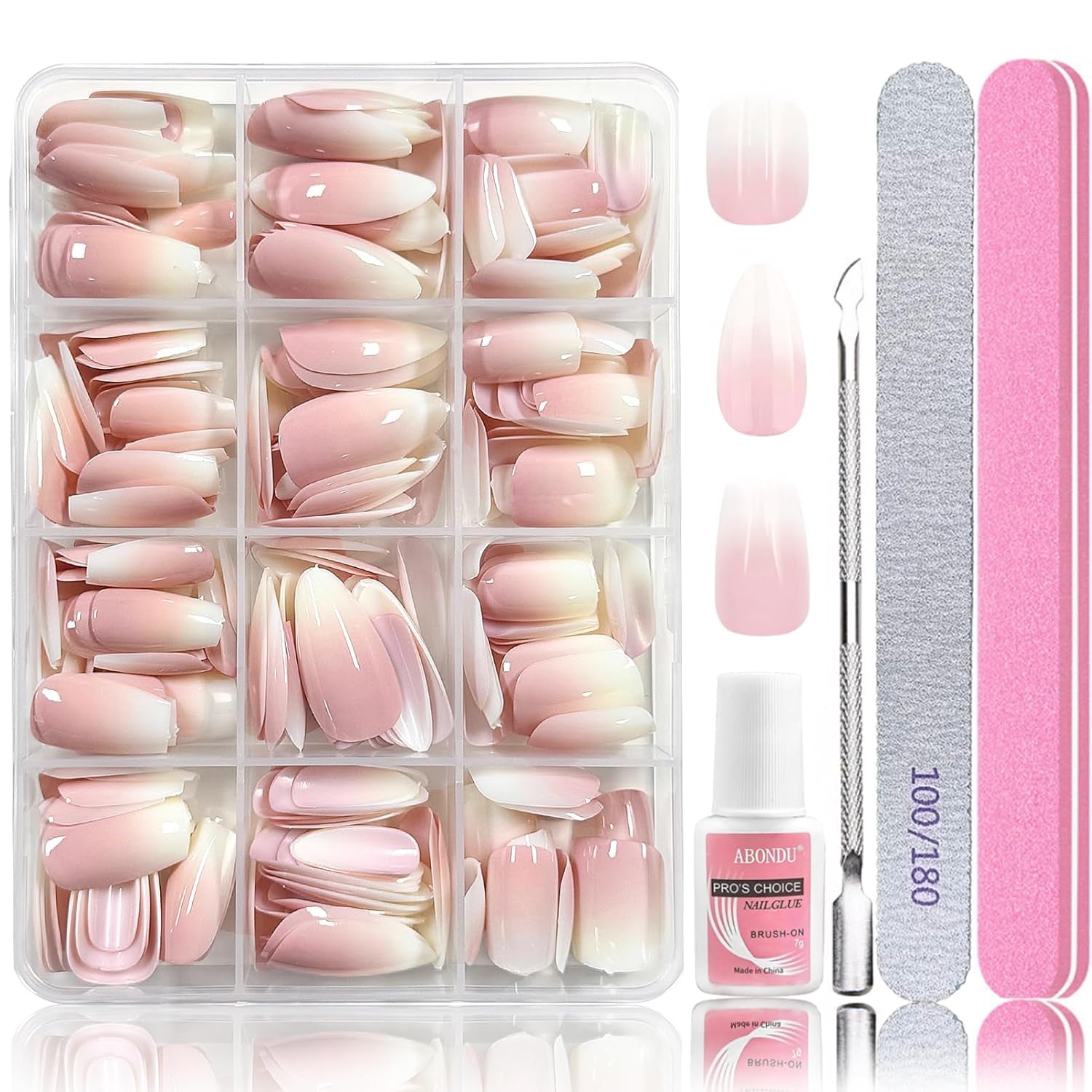 Set 288 bucăți unghii false Ombre Press-on - Kit unghii false artificiale Almond Square Medium Coffin - 3 stiluri gradient cu lipici pentru unghii acrilice pentru femei (Set gradient, 288 bucăți)