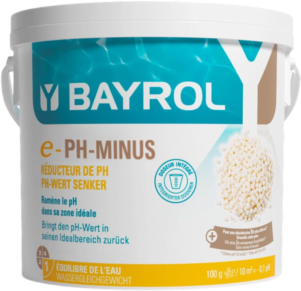 Granule BAYROL e-pH-Minus 6 kg - reduce rapid și eficient nivelurile excesiv de ridicate ale pH-ului din piscine - dozare ușoară direct în apă - include cană dozatoare - reductor de pH - reglarea pH-ului pentru piscine