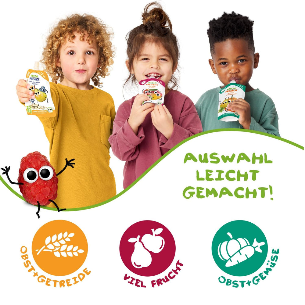 FRECHE FREUNDE Pungă de fructe bio, compresibilă, cu mere, căpșuni, sfeclă roșie și morcov, piure de fructe cu legume într-o pungă compresibilă pentru bebeluși de la 6 luni, vegan, pachet de 6 (6 x 100g)