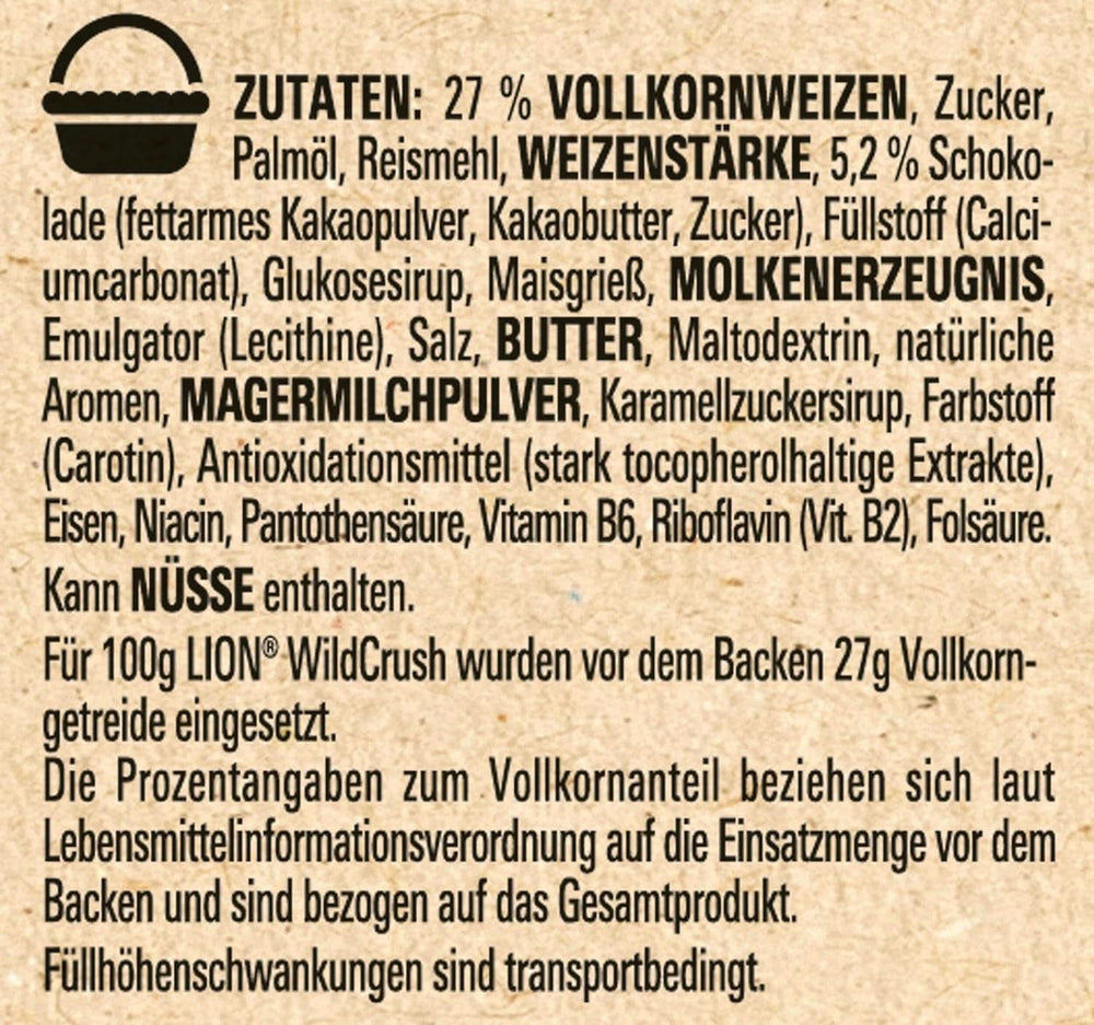 Cereale LION Wildcrush, ciocolată și caramel Cereale pentru micul dejun, pachet de 8 x 360 grame Naty Shop