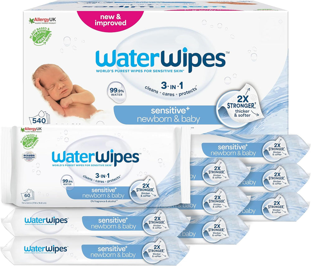 Șervețele umede WaterWipes Sensitive+ pentru nou-născuți și bebeluși, 360 bucăți (6 pachete), curățare, îngrijire, protecție 3 în 1, 99,9% apă, fără parfum