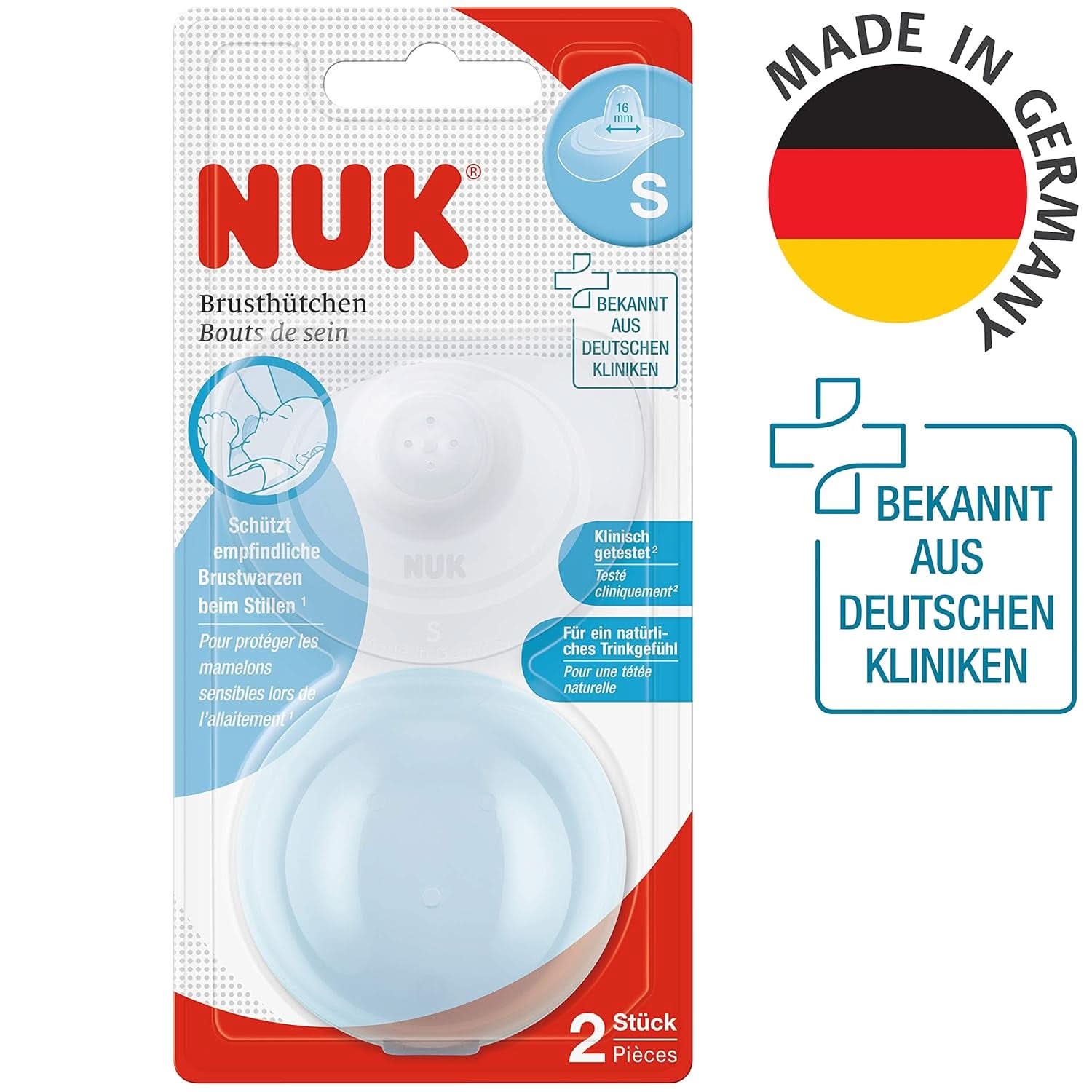 NUK scuturi pentru mameloane | Protecții pentru mameloane pentru alăptare | Protejează împotriva durerilor de sfârc | Silicon subțire | Marimea S (16Mm) | 2 bucati Accesorii Hrana si Alaptare Bebe Naty Shop