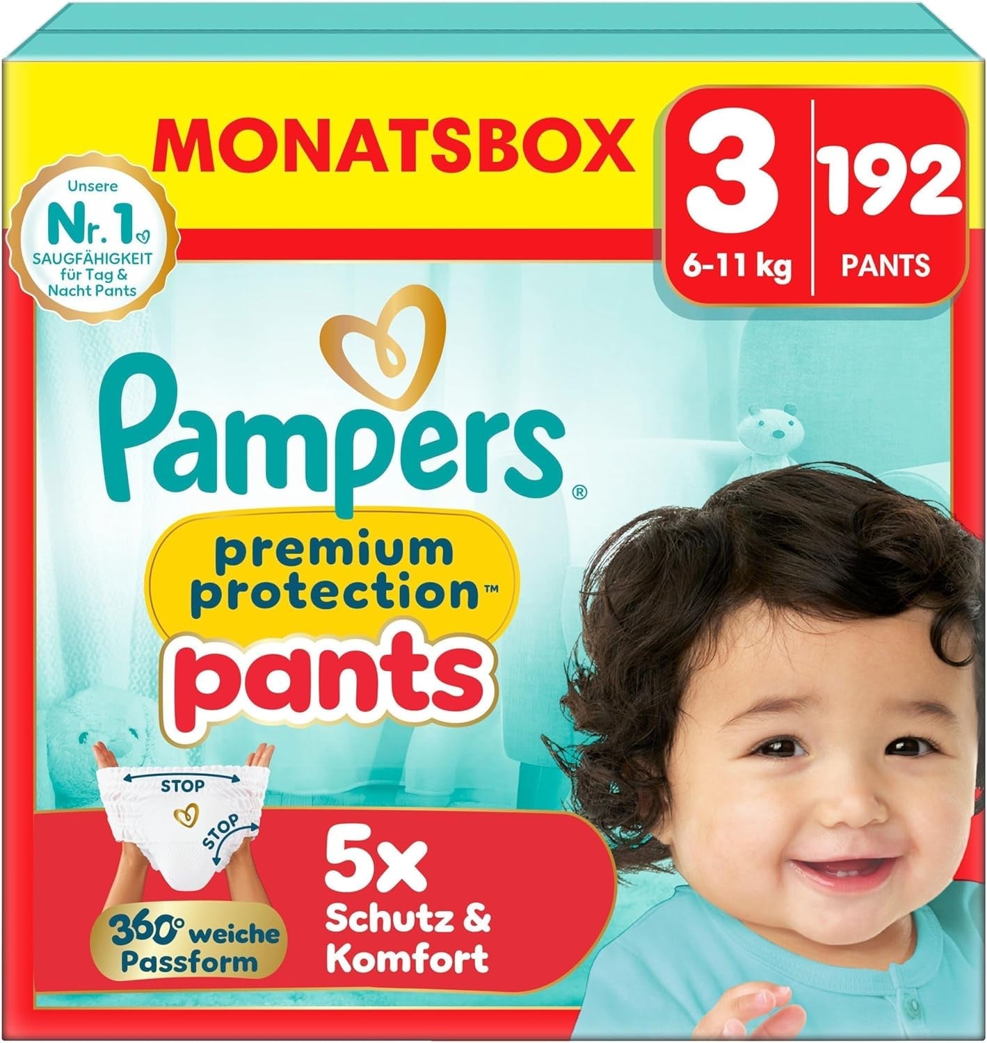 Scutece Pampers Premium Protection Pants mărimea 7, 123 scutece, 15 kg+, cu ajustare la 360° și manșete moi anti-scurgere pentru confort și protecție optime