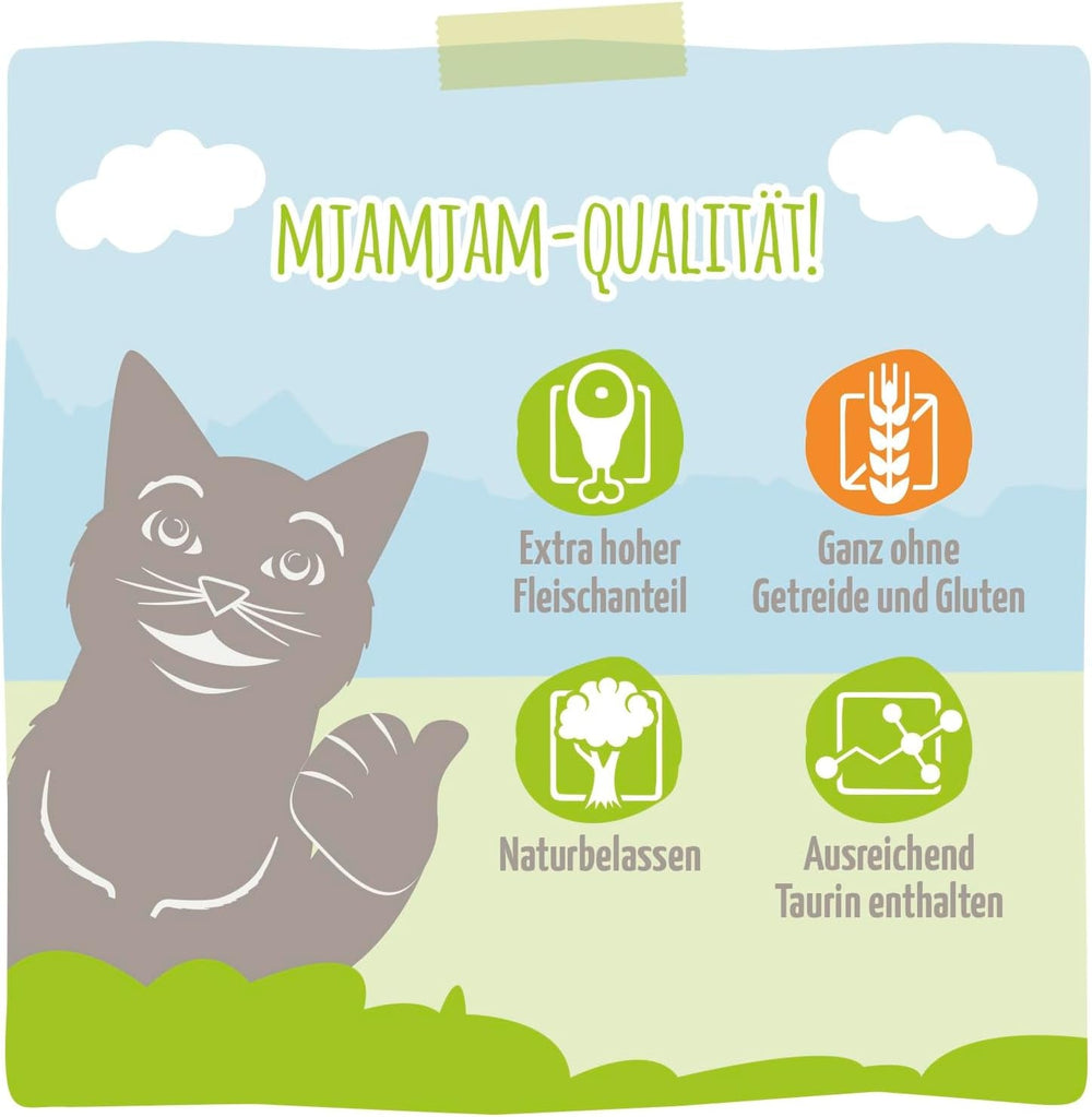 MjAMjAM - Hrană umedă premium pentru pisici - cutie delicioasă, pachet de 12 (12 x 200 g), fără cereale cu carne suplimentară