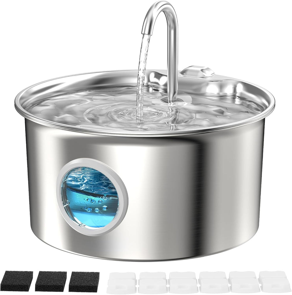 Katzenbrunnen Edelstahl Trinkbrunnen für Katze: Katzen Trinkbrunnen Leise - 2.6L Automatic Katzentrinkbrunnen mit Wasserstandsfenster - Haustierbrunnen für Kleine Hunde - Mehrschichtiges Filtersystem