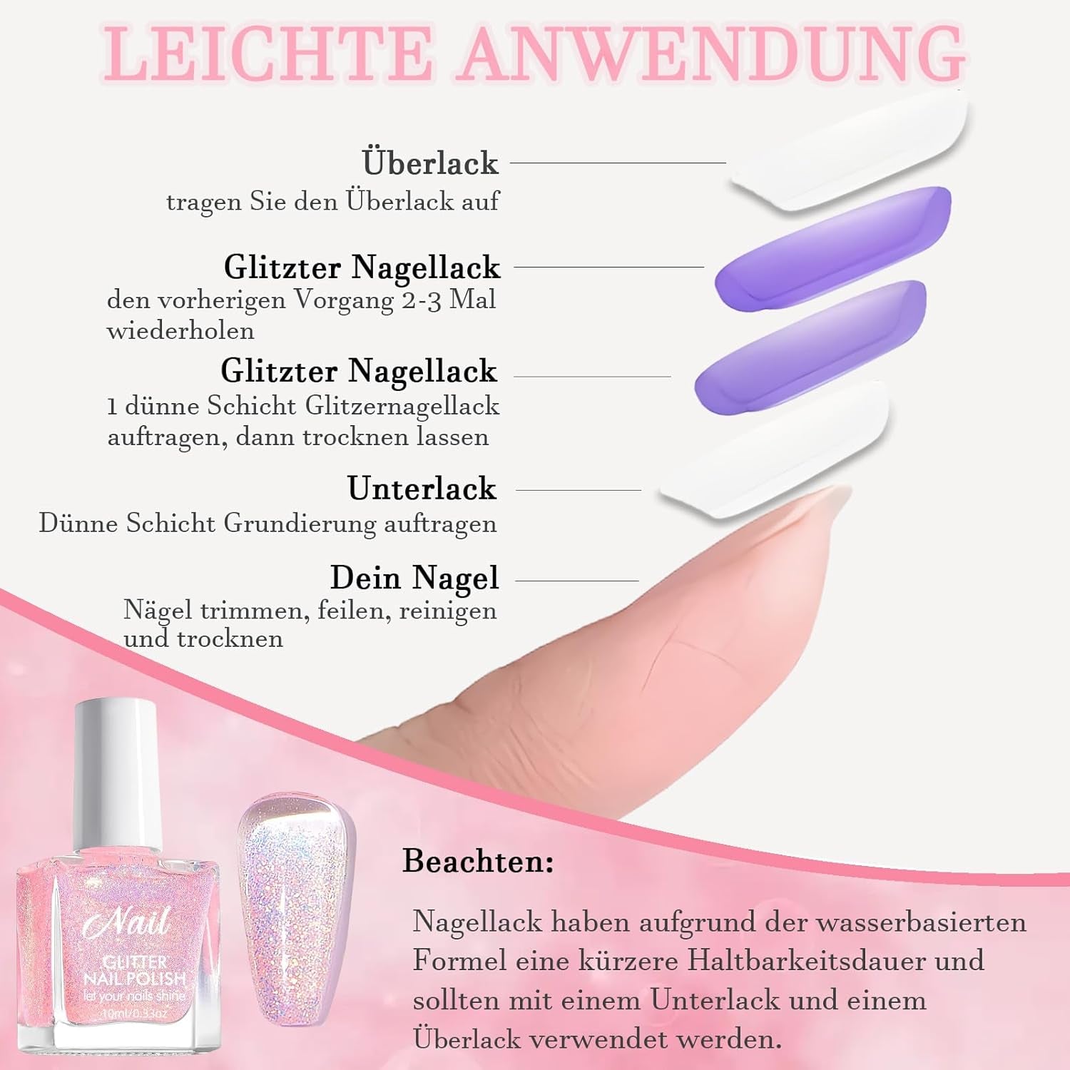 Oja cu sclipici roz - Oja non-toxică, pe bază de apă, pentru femei - Oja cu uscare rapidă - Oja cu sclipici reflectorizant pentru nail art DIY acasă (Roz transparent, 10 ml)