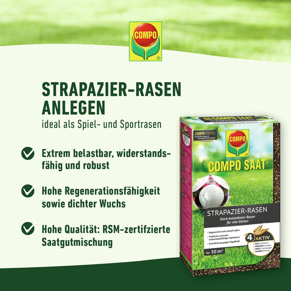 COMPO SAAT Strapazier-Rasen - Regenerationsstarker Strapazierrasen - Hochwertige Saatgutmischung Mit Premium-Mantelsaat - 2 Kg Für 100 M²