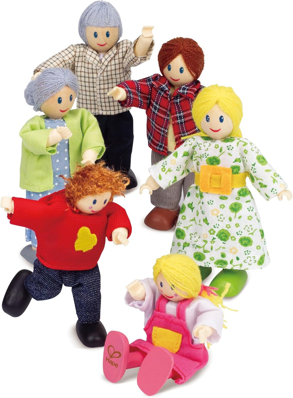 Hape Puppenfamilie Preisgekröntes Puppenfamilien-Set, einzigartiges Zubehör für Puppenhäuser aus Holz, Fantasie-Spiel, 6 Puppenfamilien-Mitglieder, für Kinder ab 3 Jahren