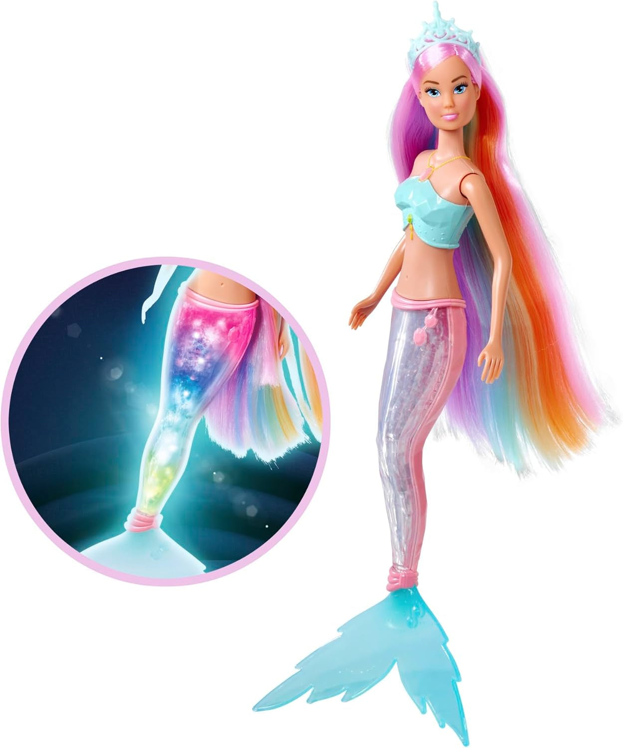 Steffi Love Sirena Curcubeu Magic, păpușă sirenă cu funcție de lumină curcubeu magică și păr extra lung, 39 cm, vârste 3+