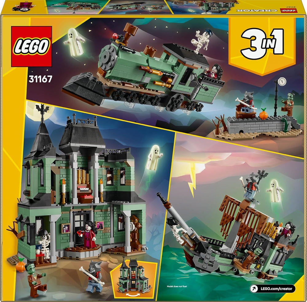 LEGO Creator Geisterhaus - 3-in-1 Spielzeug mit Haus - Bauset umbaubar in Schiff oder Zug - Mit 5 gruseligen Minifiguren - Cooles Halloweengeschenk für Jungen und Mädchen ab 9 Jahren - 31167