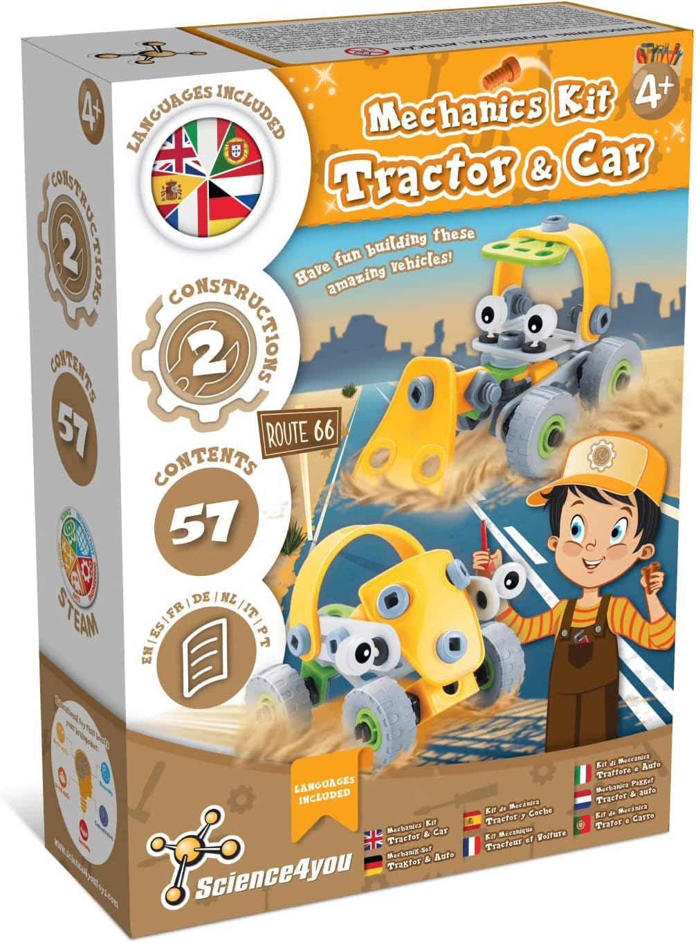 Science4you 80003542 Mechanik Baukasten ab Schraubspiel Traktor zum Schrauben und Montage Auto-Kreatives Bauset für Kinder, Pädagogisches Spielzeug 4 Jahre Junge, Large, Gelb