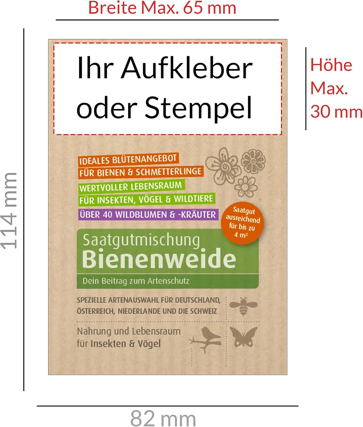 Bienenweide Samentütchen - Blumenwiesensamen Mehrjährig - Blumensamen Als Hochzeitsgeschenk, Gastgeschenk, Werbegeschenk, Werbeartikel Personalisiert (100 X 4G)