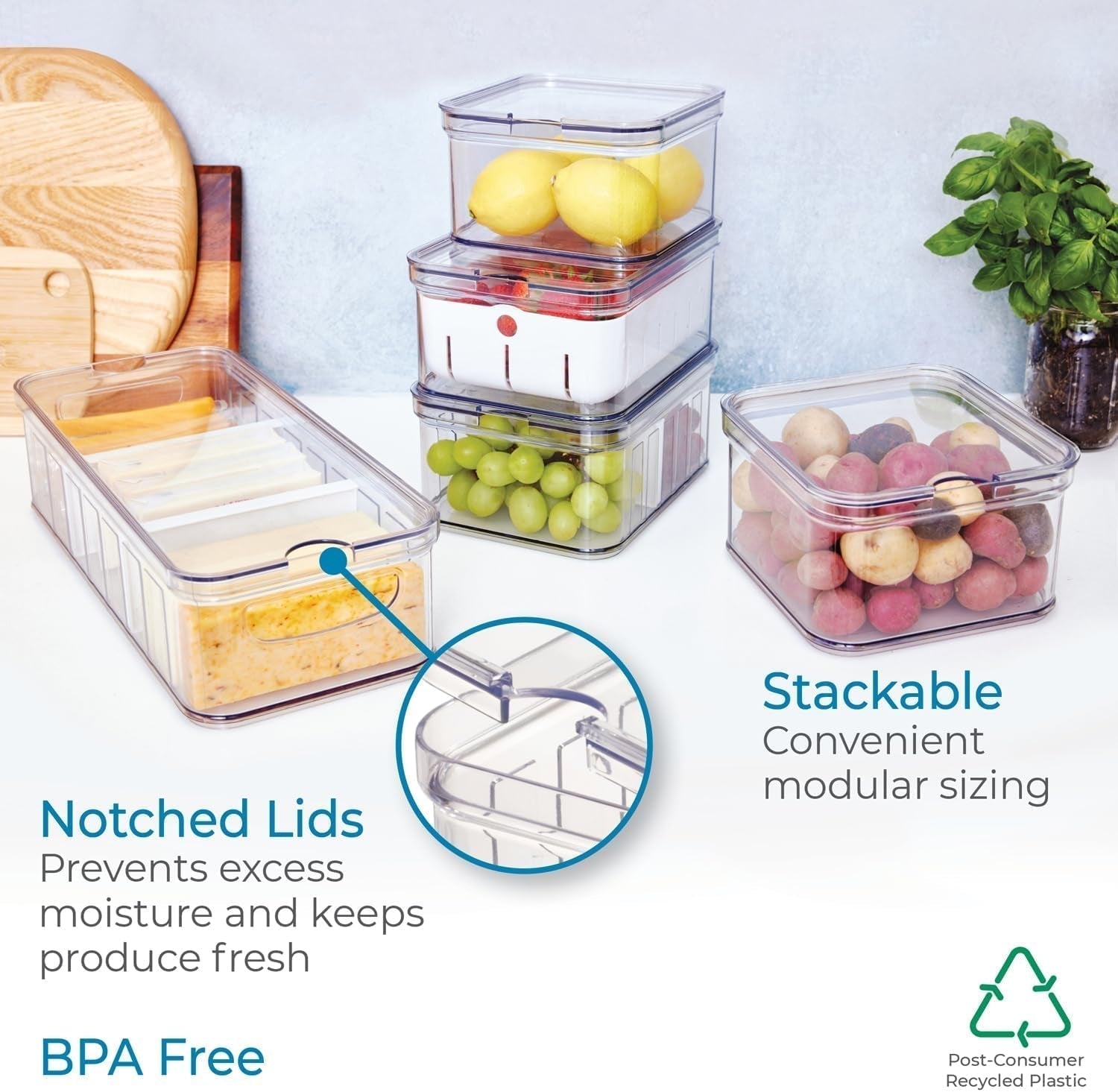 Cutii de depozitare iDesign, organizator frigider cu capac într-un set de 5, cutii de depozitare a alimentelor din plastic reciclat pentru organizarea consumabilelor, transparente și albe Cutii depozitare alimente Naty Shop