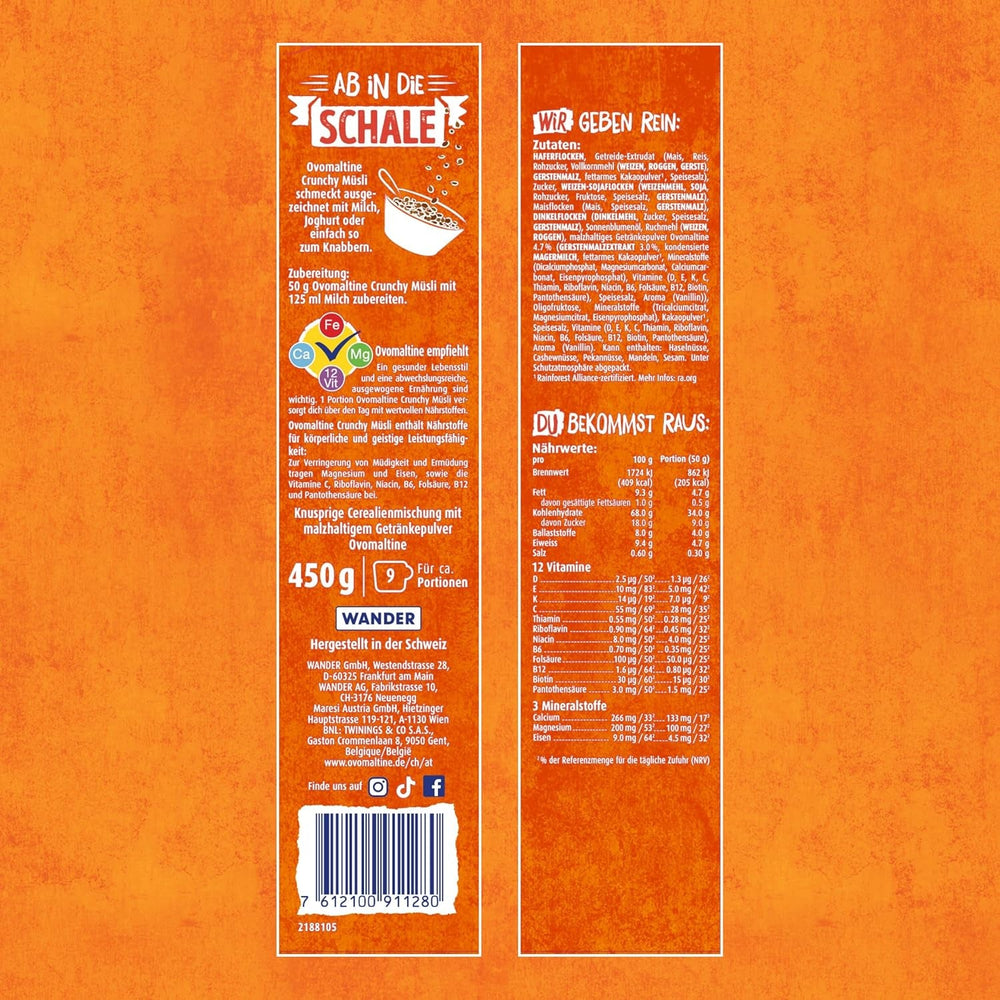 Ovomaltine Crunchy Muesli - muesli crocant cu ciocolată, cu un amestec unic de cereale și Ovomaltine - muesli cu ciocolată, vitamine, fibre și minerale valoroase (1 x 450g)