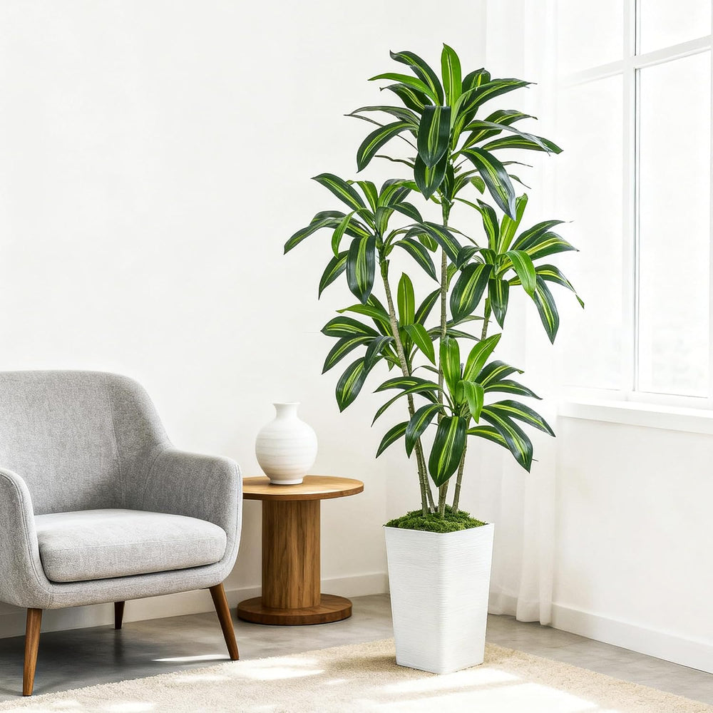 Künstliche Drachenbaum Pflanzen,Kunstpflanzen Groß Mit Weißes Hohes Pflanzgefäß,Kunstpflanzen Wie Echt Für Drinnen Und Draußen Haus Büro Moderne Deko,Artificial Plants Pflegeleicht (150Cm)