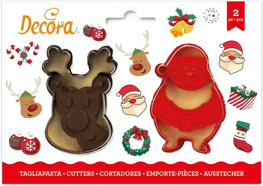 0255095 Formă de biscuiți din plastic Moș Crăciun și ren, set de 2 piese, plastic, roșu