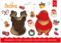 0255095 Formă de biscuiți din plastic Moș Crăciun și ren, set de 2 piese, plastic, roșu