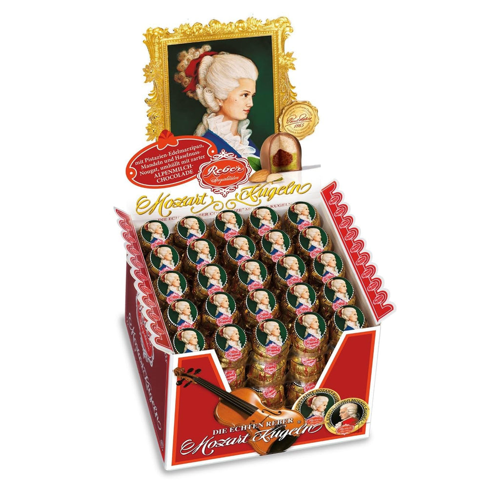 Bile Reber Mozart, cutie de prezentare 4x45, biluțe de ciocolată neagră umplute cu fistic, marțipan, migdale și nuga cu alune, 3,6 kg (180 bucăți)