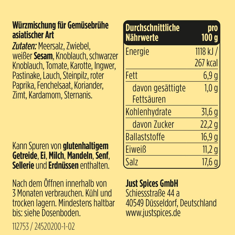Just Spices Asia Gemüsebrühe I Würze asiatische Suppen zu Hause selbst I Gewürzdose, 65 g
