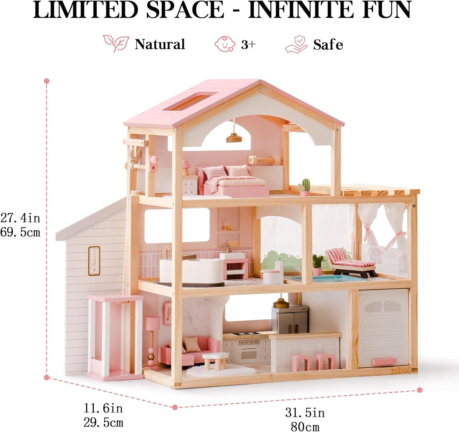 ROBUD Casă de păpuși din lemn, vilă pentru păpuși cu mobilier, cu lift, garaj, pavilion și piscină, cadou pentru copii cu vârsta de 3, 4, 5, 6 ani și peste, roz