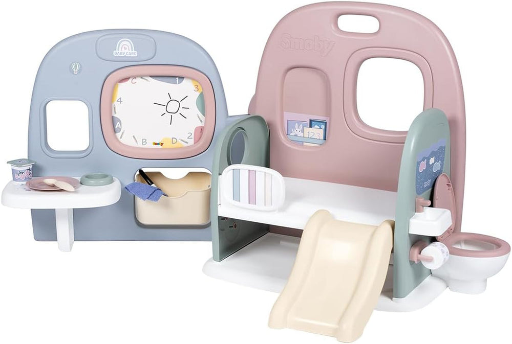 Smoby - Îngrijire bebeluși Creșă pentru păpuși - Centru de joacă pentru păpuși Creșă + Grădiniță Viața de zi cu zi - Zonă de joacă pliabilă, cu rotire la 360° - 6 accesorii - Fabricată din 90% material reciclat în Franța, de la 3 ani