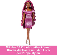 Barbie-Puppe, Fun & Fancy-Haar mit extralangem farbenfrohem schwarzem Haar und schimmerndem rosa Kleid, 10 Frisier- und Mode-Spielaccessoires, JDC86
