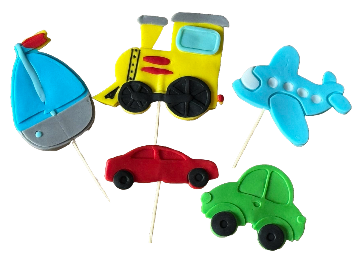 Set 5 decoratiuni comestibile din zahar, Autovehicule Decoratiuni din Pasta de Zahar Nati Shop
