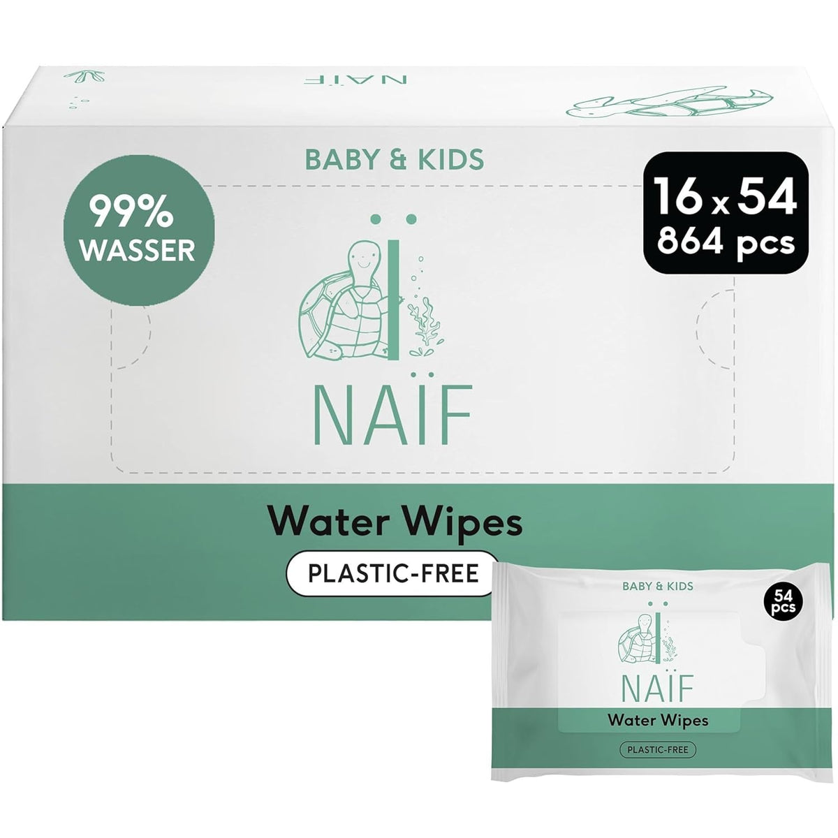 Naïf - Șervețele umede fără plastic - 864 bucăți (16 pachete a câte 54 de șervețele) - Îngrijire pentru fundulețul, corpul și fața bebelușului - 99% apă - 0% parfum și alcool