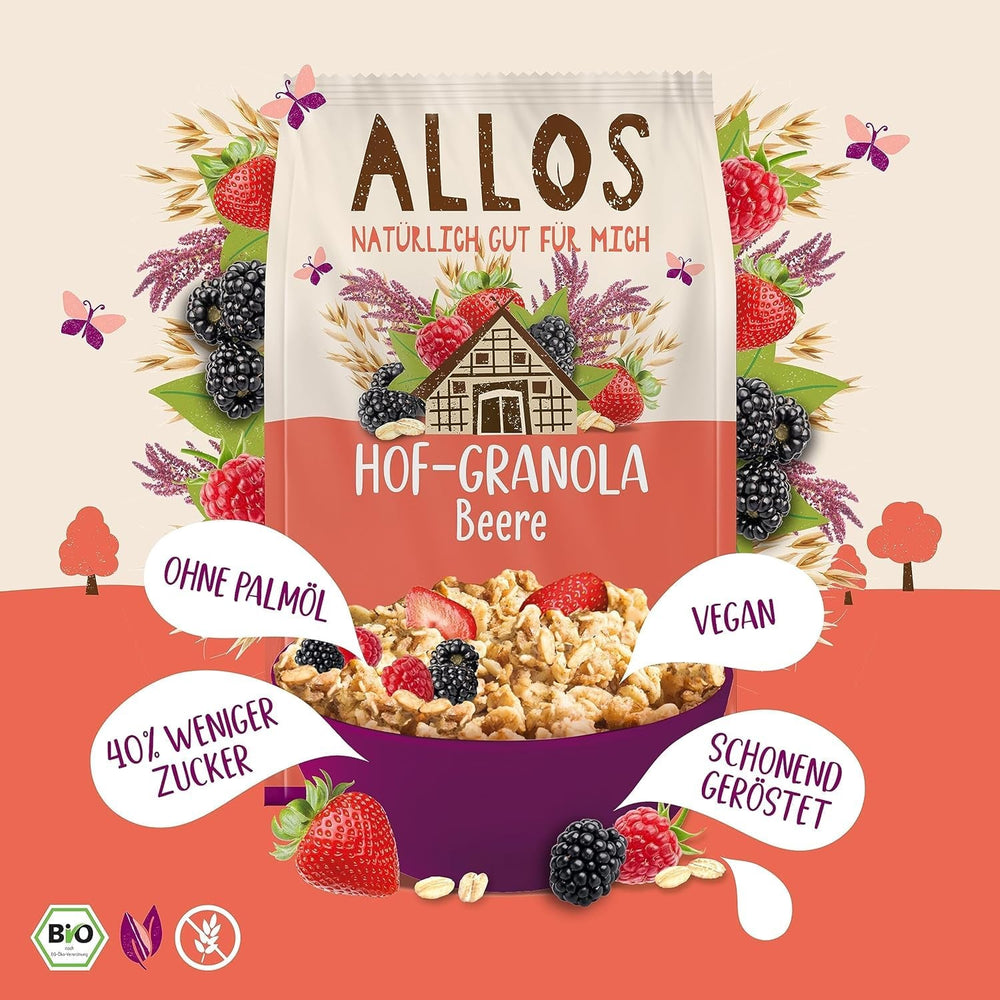 Allos Hof Granola cu fructe de pădure | Muesli organic | Muesli cu fructe de pădure | Muesli crocant | Cereale pentru micul dejun | Pachet de 6 (6 x 300g), 1 bucată (pachet de 6)