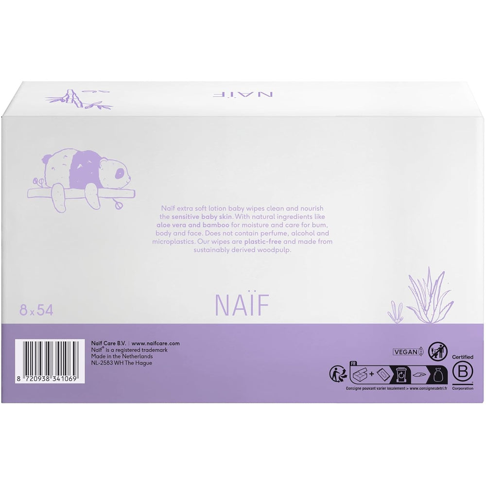 Naïf - Șervețele umede cu loțiune fără plastic - 1296 bucăți (24 pachete a câte 54 de șervețele) - pentru bebeluși și copii - Fundul, corpul și fața bebelușilor - cu Aloe Vera și Bambus - 0% Parfum și Alcool